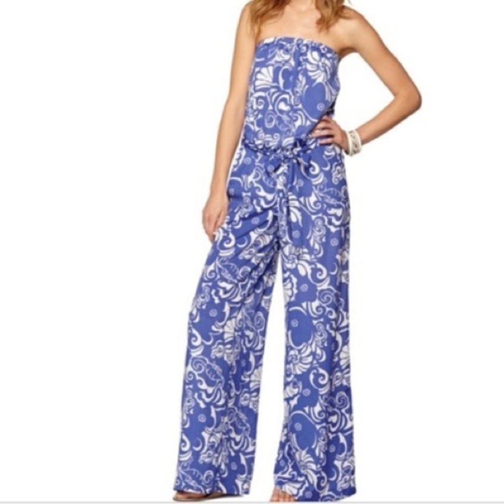 Lilly Pulitzer Farrah Strapless Jumpsuit in Blue and White Tidepools Pattern